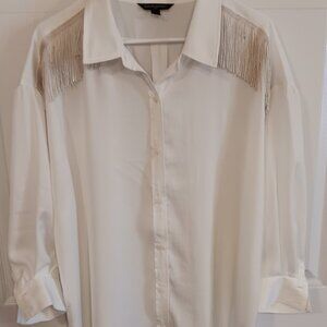 Banana Republic 100% Polyester Blouse with Fringe, Cream, Large, Long Sleeves